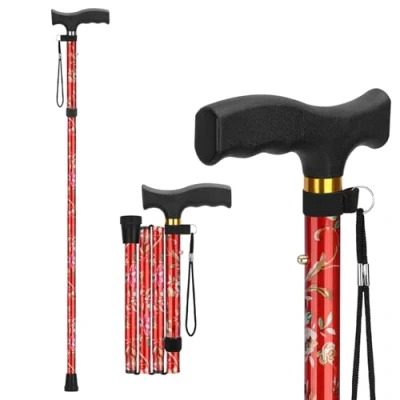 Abbildung von supregear Faltbarer Gehstock Klappbar, Höhenverstellbarer Spazierstock, Flexibler Leichter Reisestock, Zusammenklappbare Gehhilfe zur Balance, für Männer und Frauen, Rot Blumen