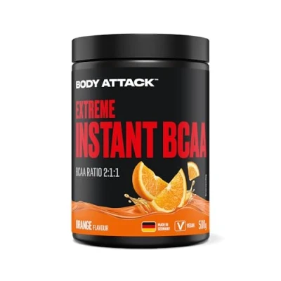Abbildung von Body Attack INSTANT BCAA 500 g Orange Made in Germany Gut lösliches, veganes Pulver im Verhältnis 2:1:1 Zuckerfreie Aminosäuren für Muskelaufbau Training Mit L Leucin