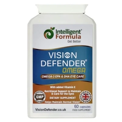 Abbildung von VISION DEFENDER Omega Augenzusatz: Pflege und Linderung trockener Augen, Verbesserung der Augengesundheit Hohe Festigkeit 1000 mg reines 3 Fischöl (400 EPA, 200 DHA pro Kapsel) 60 Kapseln