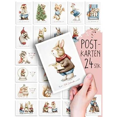 Abbildung von Weihnachtskarten 24 Stück Postkarten, Tierisch schön, Boho Deko, Design, Illustration, niedlich süße Weihnachtspostkarten, Weihnachten, Xmas, Set, Mix, Geschenk, Grußkarten, Geschenkkarten
