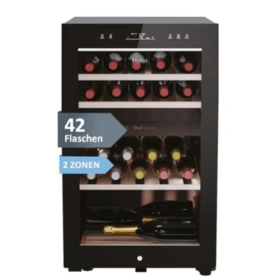 Abbildung von Haier HWS42GDAU1 Weinkühlschrank / 42 Flaschen 2 Temperaturzonen/Einzigartiges natürliches Luftstromsystem/UV Schutz Black Glass Connected