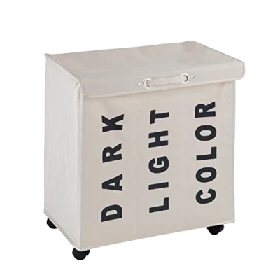 Abbildung von WENKO Wäschesammler Mod. Trivo Beige, stabiler Wäschekorb mit vier leichtgängigen Rollen und Deckel, 116 l Stauraum drei Fächer, (B x H T): 56 60 35 cm, Aufschriften &quot;Dark&quot;, &quot;Light&quot;, &quot;Color&quot;