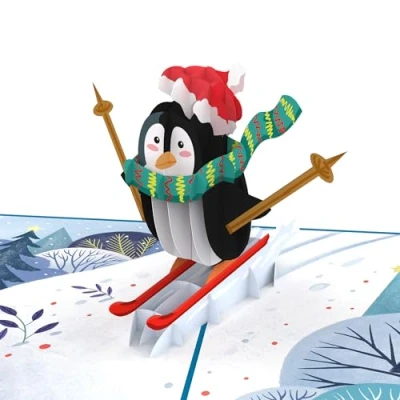 Abbildung von papercrush® Pop Up Karte Weihnachten „Pinguin auf Skiern“ Lustige 3D Weihnachtskarte für Kinder, Frauen und Skifahrer, Weihnachtliche Geburtstagskarte Mädchen, Jungen, Freundin Freund