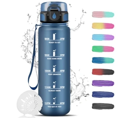 Abbildung von Trinkflasche 1L, Sport mit Filter, Auslaufsicher für kohlensäurehaltige Getränke, Uhrzeit, Kann Dir Tragen, Fitness, Yoga, Camping, Fahrrad, Outdoor