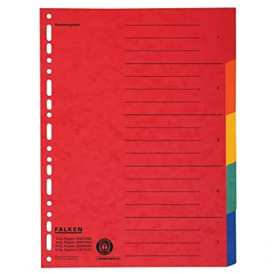 Abbildung von 20x Original Falken Karton Register überbreit für DIN A4+ 24,5 x 30 cm volle Höhe mit Organisationsdruck 5 teilig vollfarbig zur Ablage von Prospekt und Klarsichthüllen