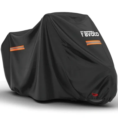 Abbildung von Favoto Motorradabdeckung Outdoor XXL Wasserdicht Abdeckplane Motorrad Schutzhülle Abdeckung draußen Staubdicht Wetterfest mit Reflektionsstreifen Schwarz 245x102x122cm