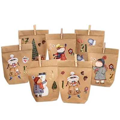 Abbildung von Papierdrachen DIY Adventskalender 2024 zum Befüllen Eisläuferin Aufkleben mit 24 braunen Papiertüten und tollen Stickern für Kinder Weihnachten