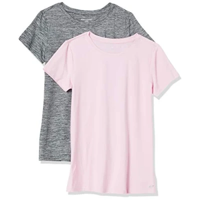 Abbildung von Amazon Essentials Damen Active Quick Dry Tech Stretch Kurzarm T Shirt mit Rundhalsausschnitt (in Übergröße erhältlich), 2er Pack, Grau Space dye/Hellrosa, S