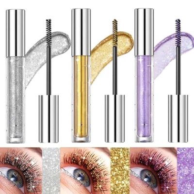 Abbildung von Bekoeen 3 Farben Flüssig Glitzer Lila Mascara,Voluminöse Wimperntusche Mascara Gold,Mascara mit Silber Mascara,wasserfeste Glitzer,Mascara bunt für Party, Hochzeit