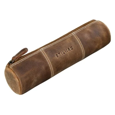 Abbildung von STILORD &#039;Cato&#039; Federmäppchen, Leder, Vintage, rund, Federhalter, für Männer und Frauen, Büro, echtes mittelbraun, M, Modern