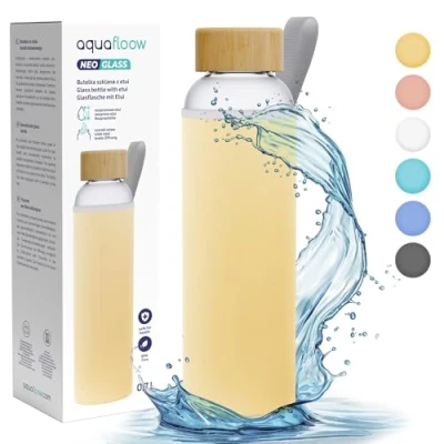 Abbildung von Aquafloow Wasserflasche aus Borosilikat Glas 700 ml mit Neoprenhülle, Transparente trinkflasche Bambusdeckel Ideal für Büro, Outdoor, Schule, Kohlensäurehaltige Getränke Gelb