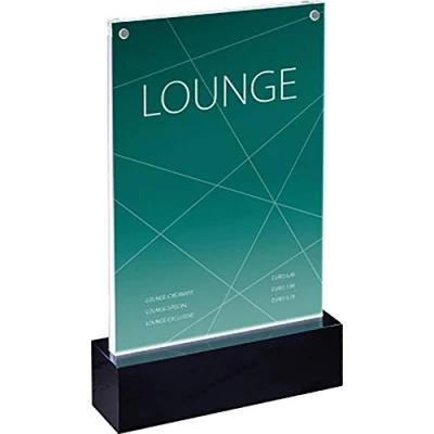 Abbildung von SIGEL TA422 Beleuchtbarer LED Tischaufsteller für DIN A5, aus hochwertigem glasklaren Acryl mit schwarzem Sockel ideal Gastronomie und Events