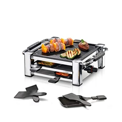 Abbildung von ROMMELSBACHER RCC 1000 Raclette Grill (Tischgrill, für 4 Personen, gerippte Alu Druckguss Grillplatte mit Xylan Plus Antihaftbeschichtung, Parkdeck, Pfännchen, Schaber, W) chrom