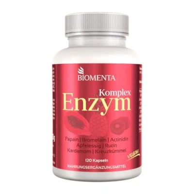 Abbildung von BIOMENTA Multi Enzym Komplex 120 Kapseln hochdosiert Wirkstoffkomplex mit Papaya (Papain), Ananas (Bromelain), Kiwi (Actinidin), Apfelessig uvm. vegan Premiumqualität