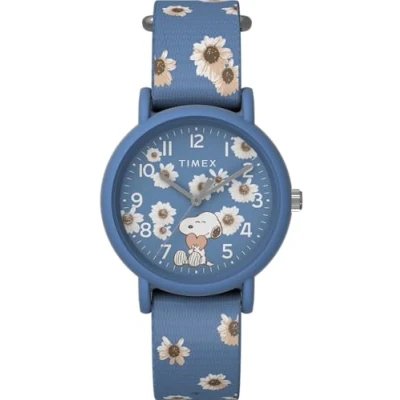 Abbildung von Timex Peanuts Unisex Armbanduhr, 34 mm, blaues, einlagiges Stoff Durchzugsarmband, blaues Zifferblatt, blauer Gehäuse Damen TW2W33500