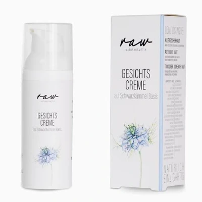 Abbildung von raw Kosmetik, Regenerierende Schwarzkümmel Gesichtscreme für empfindliche, sensible sowie trockene Haut, ideal bei Hautirritationen und Reizungen alternder Haut