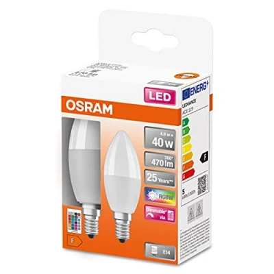 Abbildung von OSRAM LED STAR+ RGBW matte Lampe für E14 Sockel, Farben per Fernbedienung änderbar, Kerzenform, Ersatz herkömmliche 40W Glühbirnen, Doppelpack, 2er Pack