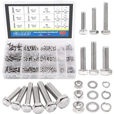 Abbildung von Glarks 510 teiliges Flachsechskant Edelstahlschrauben Schrauben Muttern Sicherungs und Flachdichtungsscheiben Sortiment Kit von