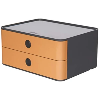 Abbildung von HAN Schubladenbox Allison SMART BOX mit 2 Schubladen und Trennwand, Kabelführung, stapelbar, Utensilienbox für Büro, Schreibtisch Küche, möbelschonende Gummifüße, 1120 83, hochglänzend, caramel brown