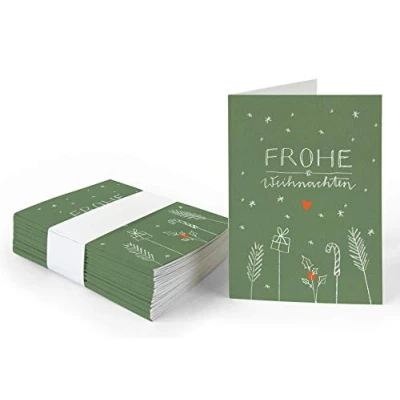 Abbildung von 25 Geschenkanhänger frohe Weihnachten! Grün Weiß Rot, originelle mini Weihnachtskarten zum Weihnachtsgeschenke Beschriften, exklusiv individuell verspielt, A7 Recyclingpapier Klappkarten