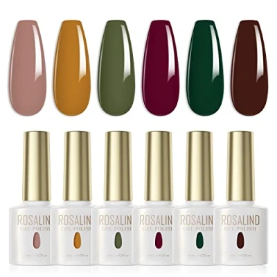 Abbildung von ROSALIND UV Nagellack 6 Farben Haferflockenfarbe Erdig Gelb Grün Dunkelrot Dunkelgrün Braun Gel Set Farbgel für Gelnägel Nagel Herbst Winterfarben LED Nail Polish