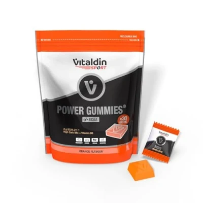 Abbildung von VITALDIN SPORT Power Gummies BCAA Muskelschutz &amp; Muskelaufbau 2 gr Essentielle Aminosäuren 2:1:1 + Vitamin B6 Doypack mit 30 Fruchtgummis Bites Orangengeschmack Vegan
