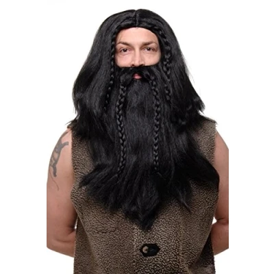 Abbildung von WIG ME UP Perücke &amp; Bart Herrenperücke Karneval Fasching Wikinger Barbar Viking Zwerg Germane Schwarz lang geflochten RJ033 P103
