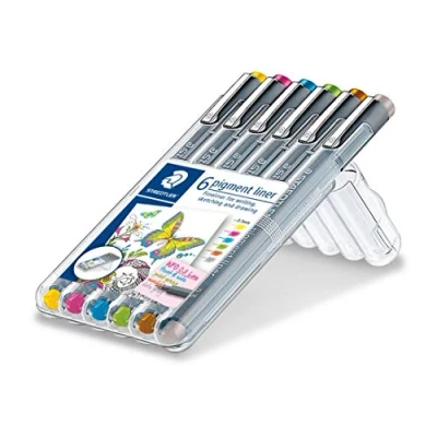 Abbildung von STAEDTLER bunte pigment liner, dokumentenechte Pigmenttinte, lange Metallspitze, Linienbreite 0,3mm, Lebensdauer, 6 Liner in unterschiedlichen Farben, 30803S2SB6
