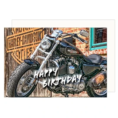 Abbildung von Edition Seidel Premium Geburtstagskarte mit Umschlag. Glückwunschkarte Billet Happy Birthday Mann Motorrad Motorradfahrer (G3434 SW023)