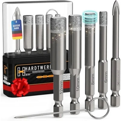 Abbildung von HARDTWERK Turbo Diamantbohrer 6 tlg. Fliesenbohrer Set [6, 8, 10, 12mm] mit 6mm Karbid Anbohrer (inkl. Reinigungspin) für harte Fliesen Keramik, Feinsteinzeug, Marmor und Granit