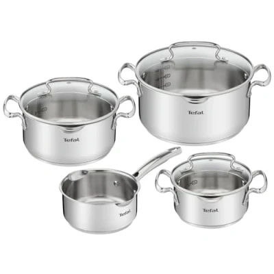 Abbildung von Tefal Duetto + 3 Töpfe 16/20/24 cm, 1 Stielkasserolle 16 cm aus Edelstahl, Glasdeckel, Messmarkierungen, Ausgießrand, kompatibel mit allen Herdarten, backofenfest und spülmaschinenfest