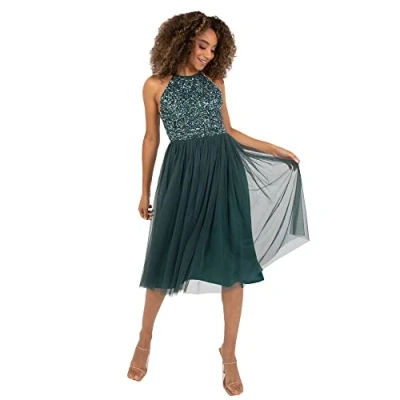 Abbildung von Maya Deluxe Damen Women&#039;s Midi Dress With Halter Neck Tulle for Evening Graduation Prom Wedding Bridesmaid Brautjungfernkleid, Emerald Green, 38 EU