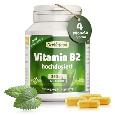Abbildung von Vitamin B2 (Riboflavin), 250 mg, hochdosiert, 120 Kapseln für Energiestoffweechsel, Haut, Sehkraft und Nerven. Ohne künstliche Zusätze. Gentechnik. Vegan.