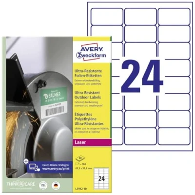 Abbildung von AVERY Zweckform L7912 40 Strapazierfähige Folienetiketten (960 Aufkleber, 63,5x33,9mm auf A4, extrem stark selbstklebend, für schwierige Oberflächen, bedruckbare Outdoor Klebefolie) Blatt, weiß
