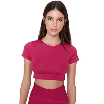 Abbildung von TRENDYOL Damen Rundhalsausschnitt Unifarben Figurbetont Bluse Shirt, Fuchsia, S