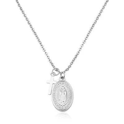 Abbildung von GD GOOD.designs Maria Kette in Silber für Damen Wasserfest Madonna Halskette mit kleinem Kreuz Anhänger aus Edelstahl I Größenverstellbar 40+5cm