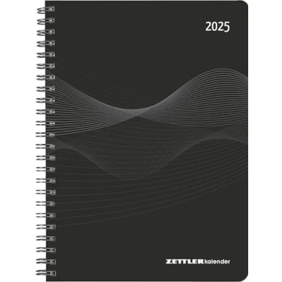 Abbildung von Zettler Wochenplaner 2025 schwarz, 15x21cm, Taschenkalender mit 128 Seiten, 1 Woche auf 2 Adressteil, Ringbindung, Monatsübersicht, Mondphasen und deutsches Kalendarium