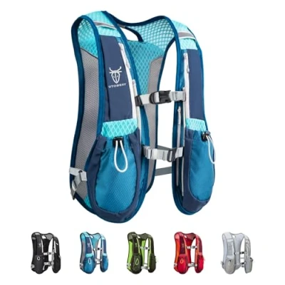 Abbildung von UTOBEST Lauf Rucksack, Laufweste, leicht, 5L Fassungsvermögen mit 1.5L Trinkblase (Blau)
