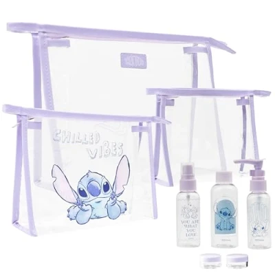 Abbildung von Disney Stitch Travel Essentials Set, Reise Flaschen zum Befüllen, Cremedosen &amp; Durchsichtige Kosmetiktasche Set Sachen