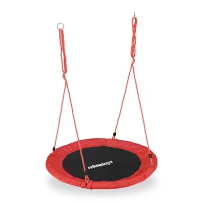 Abbildung von Relaxdays Unisex Erwachsene, rot Nestschaukel, rund, für Kinder &amp; verstellbar, Ø 90 cm, Garten Tellerschaukel, bis 100 kg, H x D: ca. 5 cm