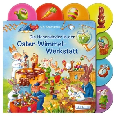 Abbildung von Die Hasenkinder in der Oster Wimmel Werkstatt: Lustige erste Osterhasengeschichte zum Suchen und Entdecken ab 2