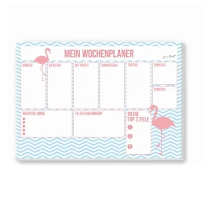 Abbildung von 1 Schreibtisch Unterlage Mein Wochenplaner mit Flamingo Motiv I DIN A3 40 Blatt Papier blau für Mädchen Kinder zum Abreißen Beschreiben dv002
