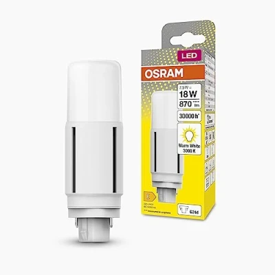 Abbildung von OSRAM DULUX LED D18 VT EM, G24D, 7,5W, 870lm, 3000K, warmweiße Lichtfarbe, für vertikale Applikationen geeignet dank Abstrahlwinkel von 300 Grad, extrem lange Lebensdauer, keine Aufwärmzeit