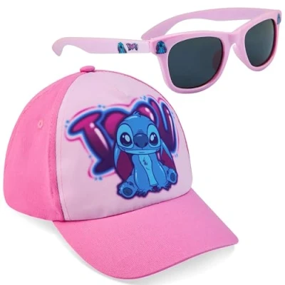 Abbildung von Disney Stitch Sonnenhut Kinder Mädchen Sommer Basecap Jungen und Sonnenbrille Set 100% UV Schutz Baseball Mütze ab 3 Jahren, Verstellbare Grosse (Rosa Stitch)