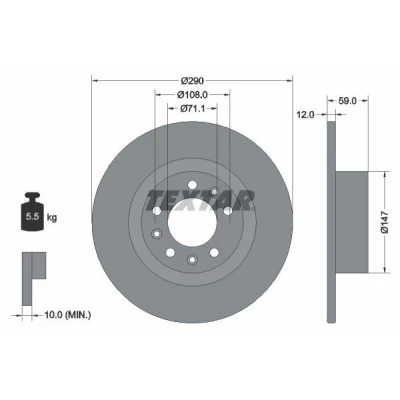 Abbildung von TEXTAR 92313603 Bremsscheibe 290 12 05/08 108 voll beschichtet ohne Radbefestigungsbolzen, Radnabe PEUGEOT: 508 I SW