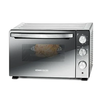 Abbildung von ROMMELSBACHER Back &amp; Grill Ofen BGS 1500 energiesparend effizient, Backraum antihaftbeschichtet, 6 Heizarten, Drehspieß, 120 Min. Zeitschaltuhr, Doppelverglasung, silber, W, Edelstahl