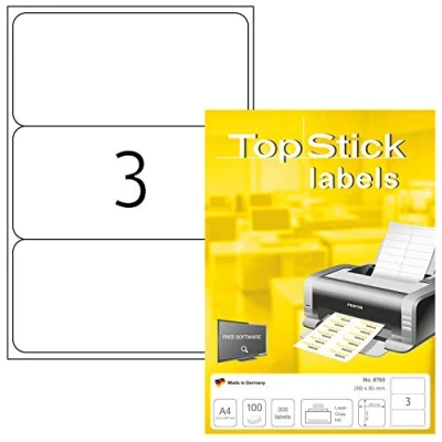 Abbildung von TopStick 8793 Universal Etiketten, 100 Blatt, 200 x 95 mm, 3 pro A4 Bogen, 300 Stück, selbstklebend, bedruckbar, matt, blanko Papier Klebeetiketten Aufkleber, weiß