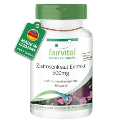 Abbildung von Fairvital Zistrosenkraut Extrakt 500 mg 90 Kapseln 5 fach konzentrierter Cistus Natürliche Quelle Polyphenole 100% vegan Qualitätsgeprüft und hochdosiert Made in Germany