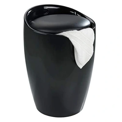 Abbildung von WENKO Badhocker Mod. Candy Schwarz, Hocker mit Stauraum für das Badezimmer und Wohnzimmer, integrierter Wäschesammler, ABS Kunststoff, BPA frei, Fassungsvermögen 20 L, Ø 36 x 50,5 cm