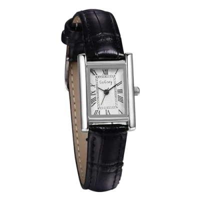 Abbildung von JewelryWe Uhren Damen Leder Rechteckig: Vintage Analog Quarz Armbanduhr Frauen Schwarz Armband Uhr Kleine Damenuhr mit Silber Rechteck Römischen Zahlen Zifferblatt